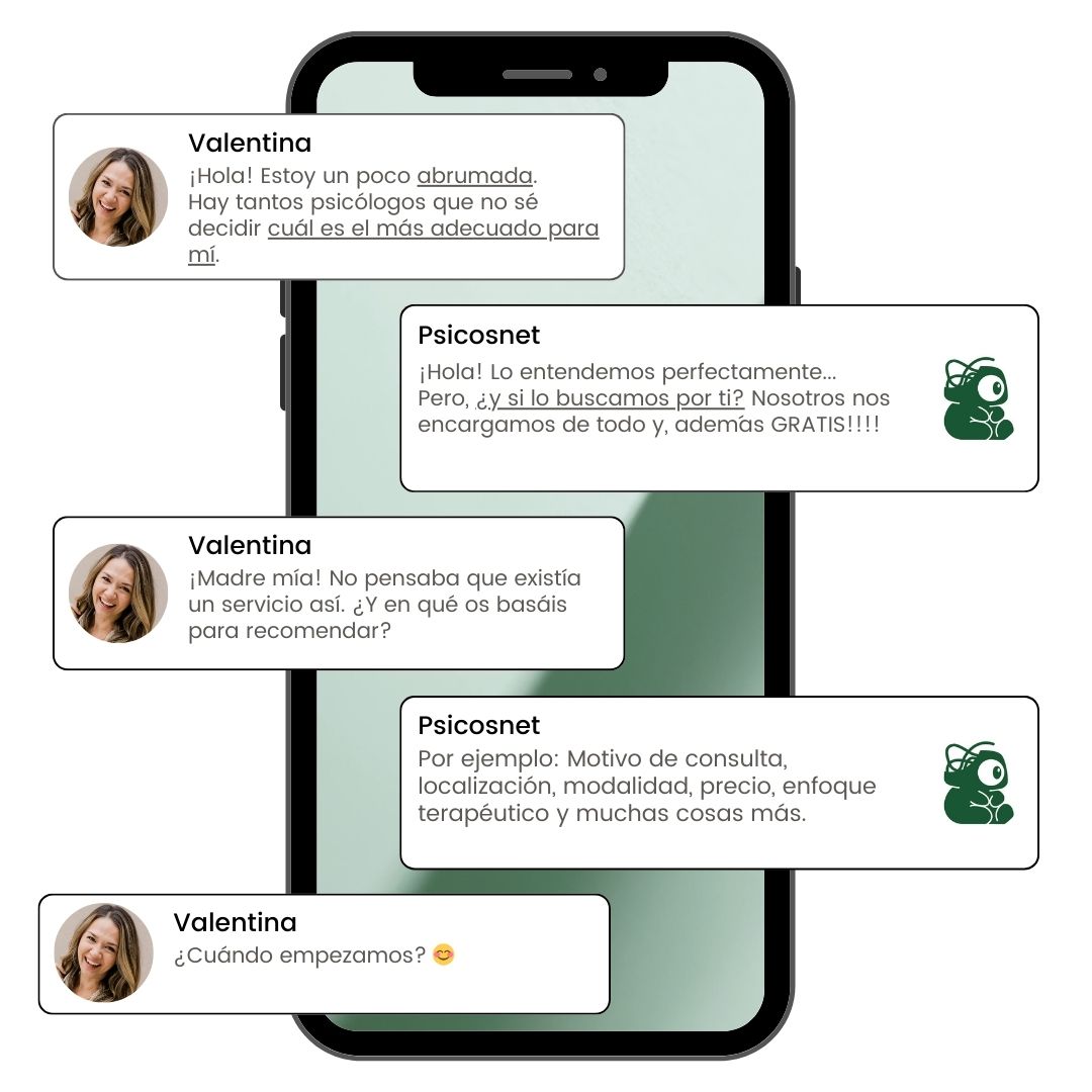 Conversación de ejemplo entre una paciente y el equipo de Psicos.net sobre cómo encontrar psicólogo